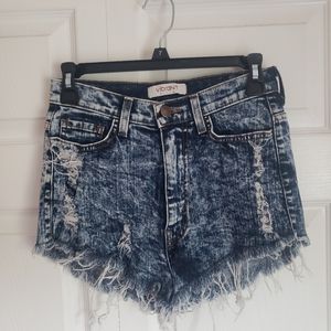 High-waisted distressed jean shorts